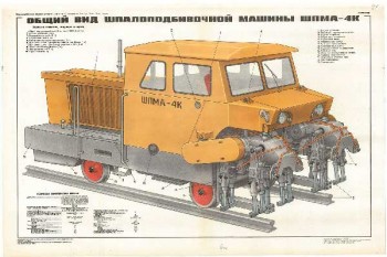 1660. Военный ретро плакат: Общий вид шпалоподбивочной машины ШПМА-4К