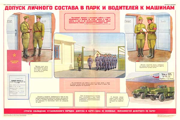 1708. Военный ретро плакат: Допуск личного состава в парк и водителей к машинам