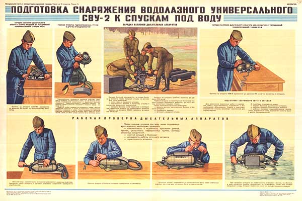 1766. Военный ретро плакат: Подготовка снаряжения водолазного универсального СВУ-2 к спускам под воду