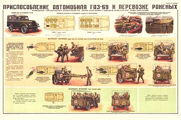 1807 Военный ретро плакат: Приспособление автомобиля ГАЗ-69 к перевозке раненых
