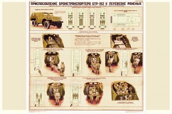 1911. Военный ретро плакат: Приспособление бронетранспортера БТР-152 к перевозке раненых