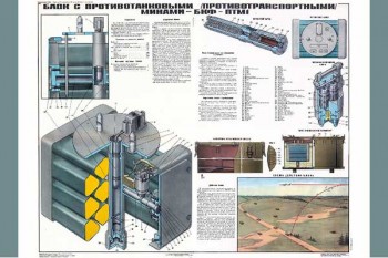 1957. Военный ретро плакат: Блок с противотанковыми /противотранспортными/ минами БКФ-ПТМ-1