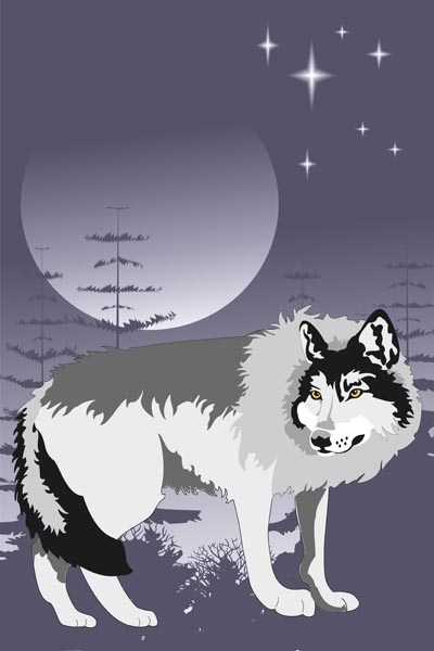 011. Детский плакат: Одинокий волк на фоне луны