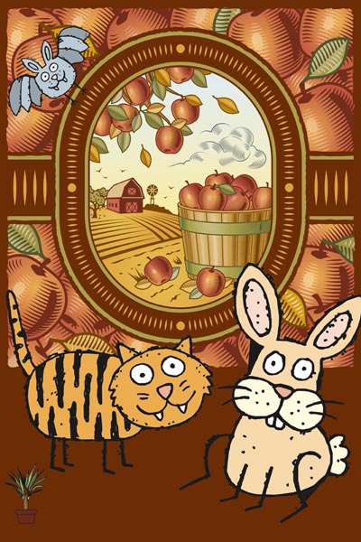 012. Детский плакат: Осенние фантазии, кот и мышь на фоне погреба