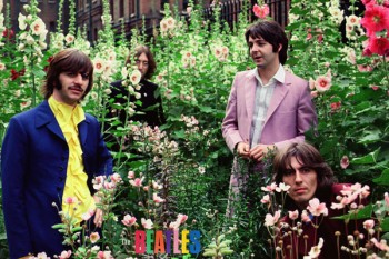 052. Постер: Участники группы The Beatles среди цветов