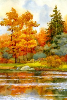 016. Пейзаж: Осень. У реки (акварель)