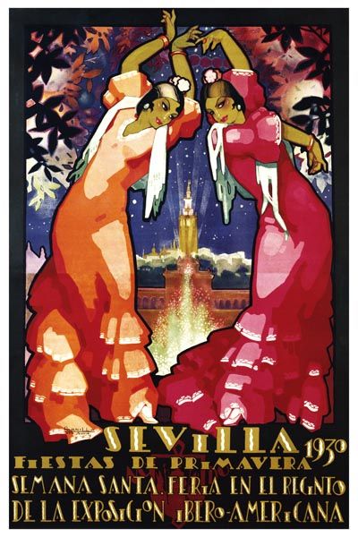 013. Ретро плакат западных стран: Sevilla Fiestas de Primavera 1930. Poster by Parrilla