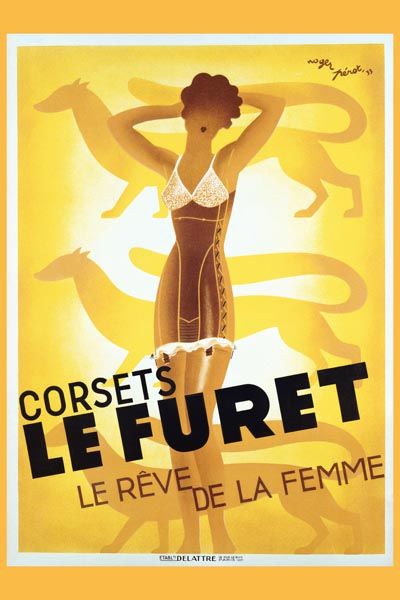 067. Ретро плакат западных стран: Corsets Le Furet Poster by Roger Perot