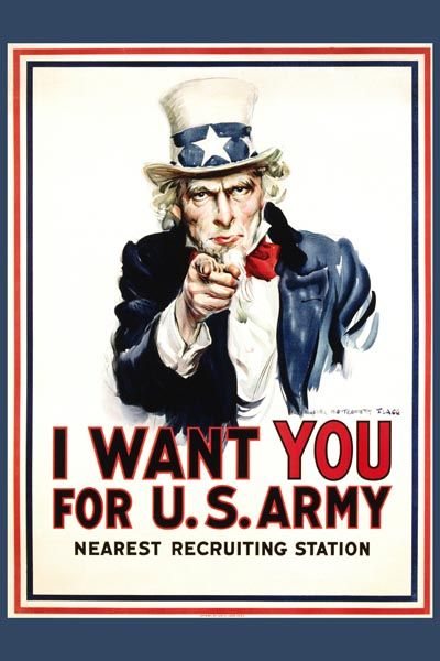 076. Ретро плакат западных стран: "I Want You for the U.S. Army" Recruiting. Poster by James Montgomery Flagg