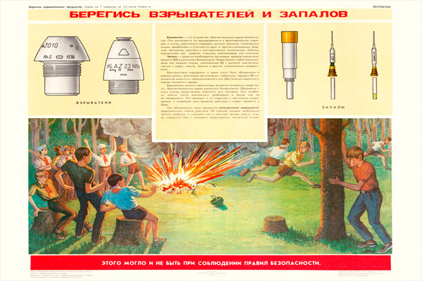 0302. Военный ретро плакат: Берегись взрывателей и запалов