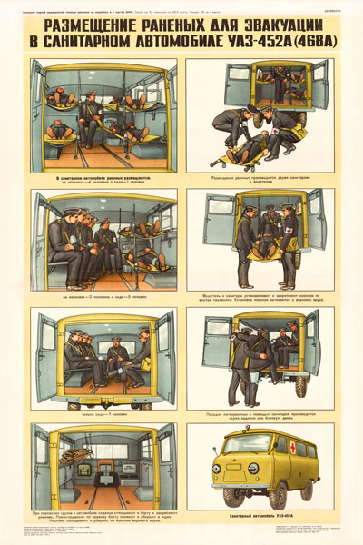 0312. Военный ретро плакат: Размещение раненых для эвакуации в санитарном автомобиле Уаз-452А (468А)