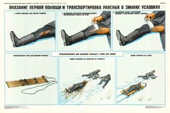 0340. Военный ретро плакат: Оказание первой помощи и транспортировка раненых в зимних условиях