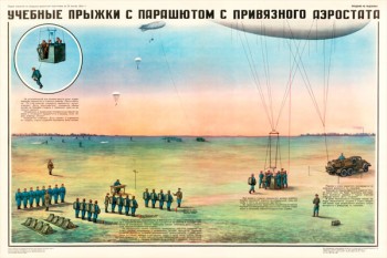 0411. Военный ретро плакат: Учебные прыжки с парашютом с привязного аэростата