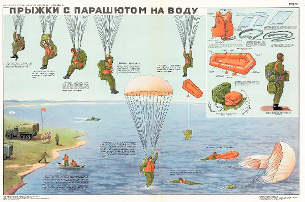 0733. Военный ретро плакат: Прыжки с парашютом на воду (вариант 2)