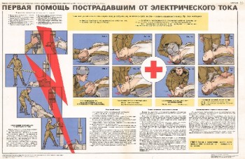 0810. Военный ретро плакат: Первая помощь пострадавшим от электрического тока