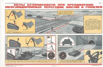 0899. Военный ретро плакат: Меры безопасности при преодолении железнодорожных переездов, мостов и туннелей