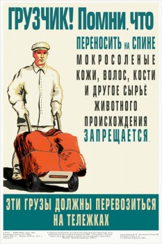 1584. Советский плакат: Грузчик! Помни, что переносить на спине мокросоленые кожи, волос, кости и другое сырье животного происхождения запрещается.