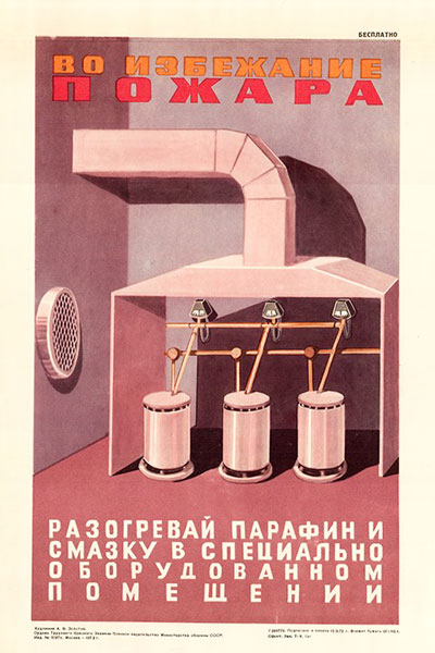 1602. Советский плакат: Во избежании пожара разогревай парафин и смазку в специально оборудованном помещении