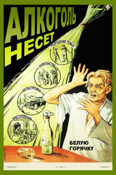 835. Советский плакат: Алкоголь несет: разрушение семьи, хулиганство, катастрофы, преступления, белую горячку