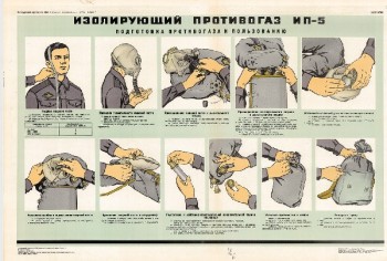 1178. Военный ретро плакат: Изолирующий противогаз ИП-5 (подготовка к пользованию)