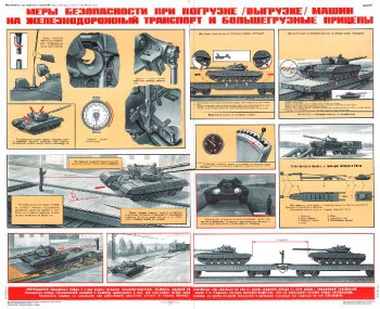1265. Военный ретро плакат: Меры безопасности при погрузке/выгрузке машин на железнодорожный транспорт и большегрузные прицепы