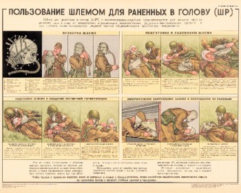 1289. Военный ретро плакат: Пользование шлемом для раненых в голову (ШР)