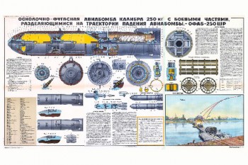 1336 (3). Военный ретро плакат: Осколочно-фугасная авиабомба калибра 250 кг с боевыми частями, разделяющимися на траектории падения авиабомбы,- ОФАБ-250 ШР