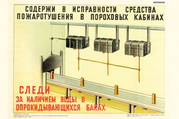 1392. Военный ретро плакат: Содержи в исправности средства пожаротушения в пороховых кабинах