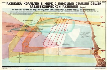 1445. Военный ретро плакат: Разведка кораблей в море с помощью станций общей радиотехнической разведки